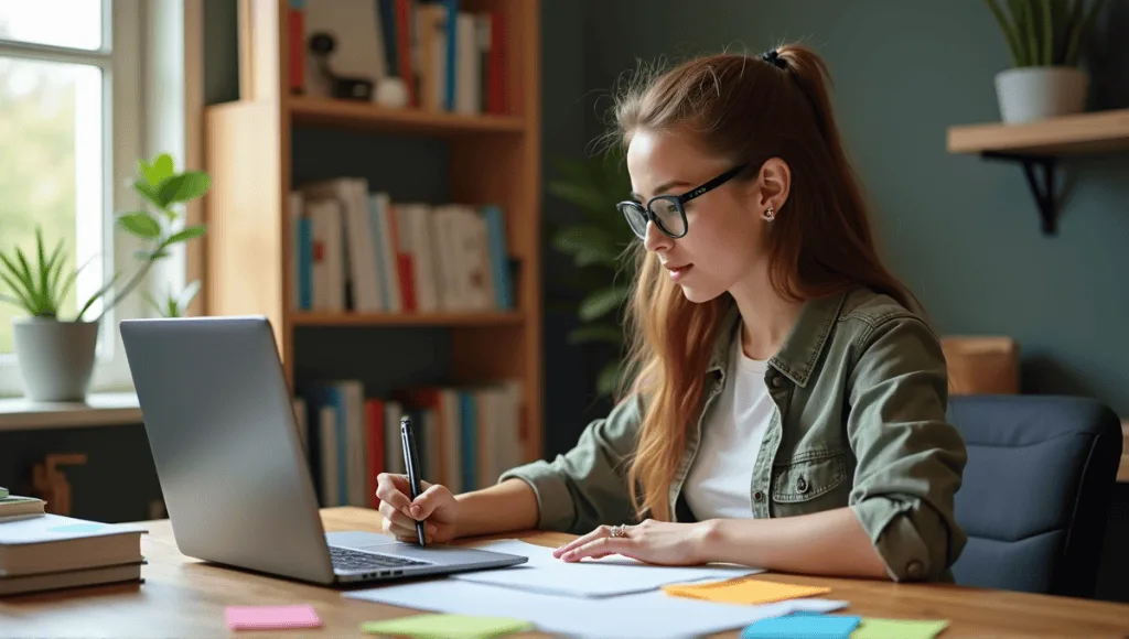 Person in casual-professional attire writing user stories at a cluttered desk.