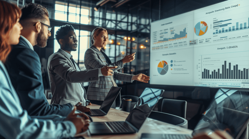 Diverse professionals analyzing supply chain data together at a conference table in a modern office.