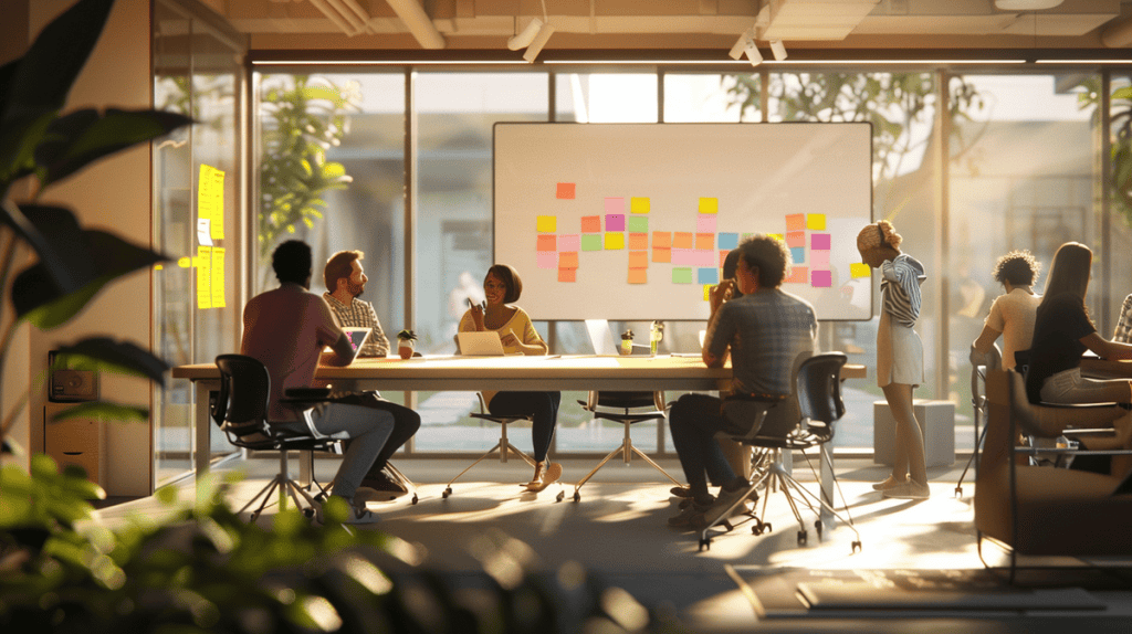 Diverse professionals collaborating around a table with Scrum notes and diagrams.