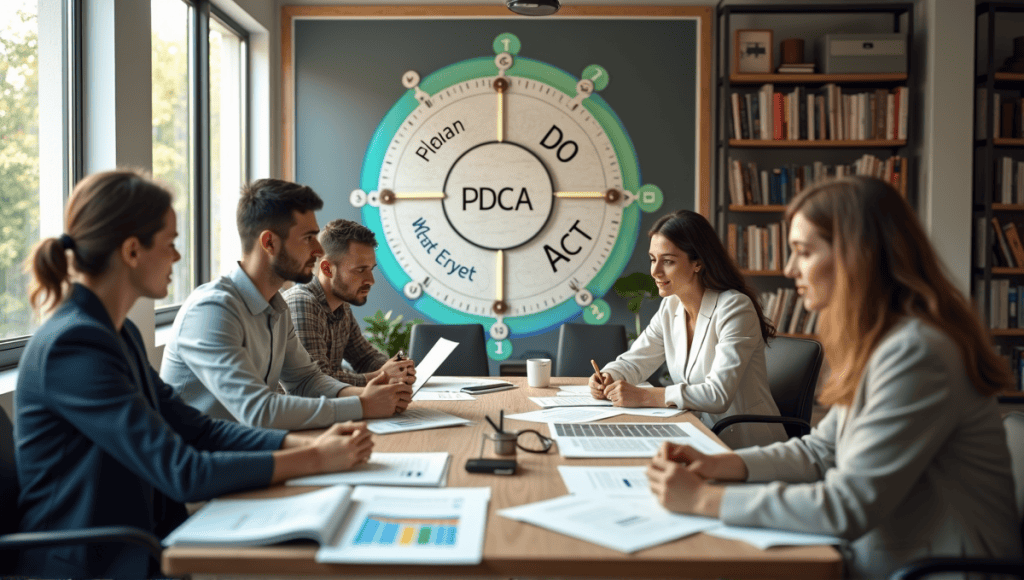 Circular diagram of PDCA cycle with professionals analyzing data in a modern office.