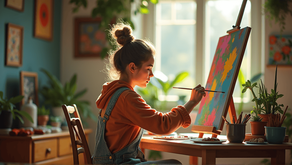 Person painting on canvas at a wooden desk, surrounded by vibrant art supplies and plants.