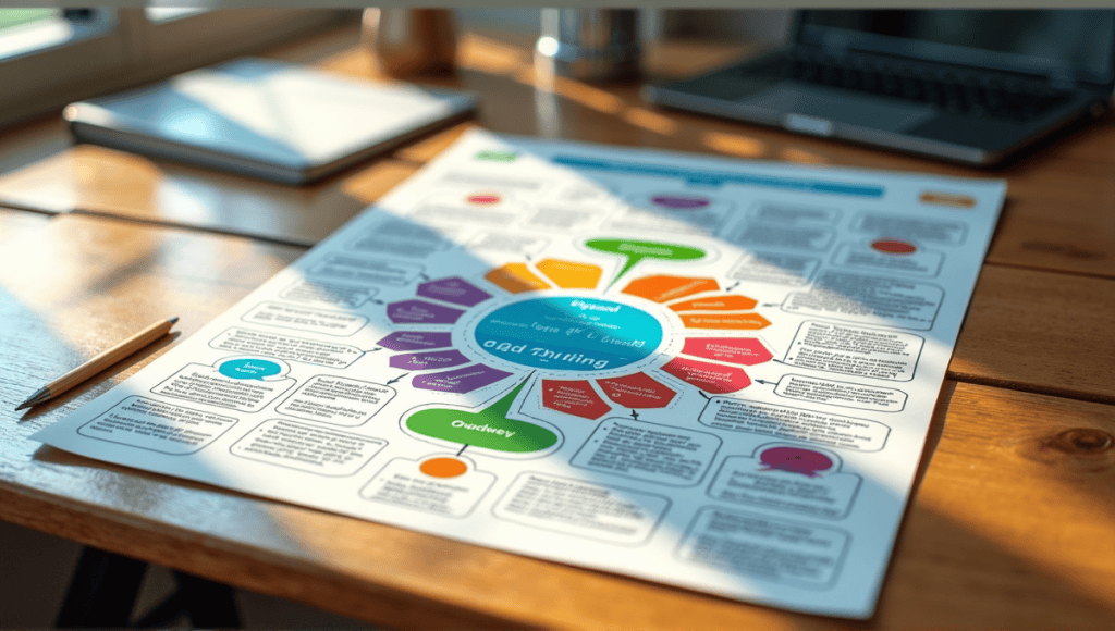 Intricate mind map on a wooden desk, showcasing visual thinking with vibrant colors and symbols.