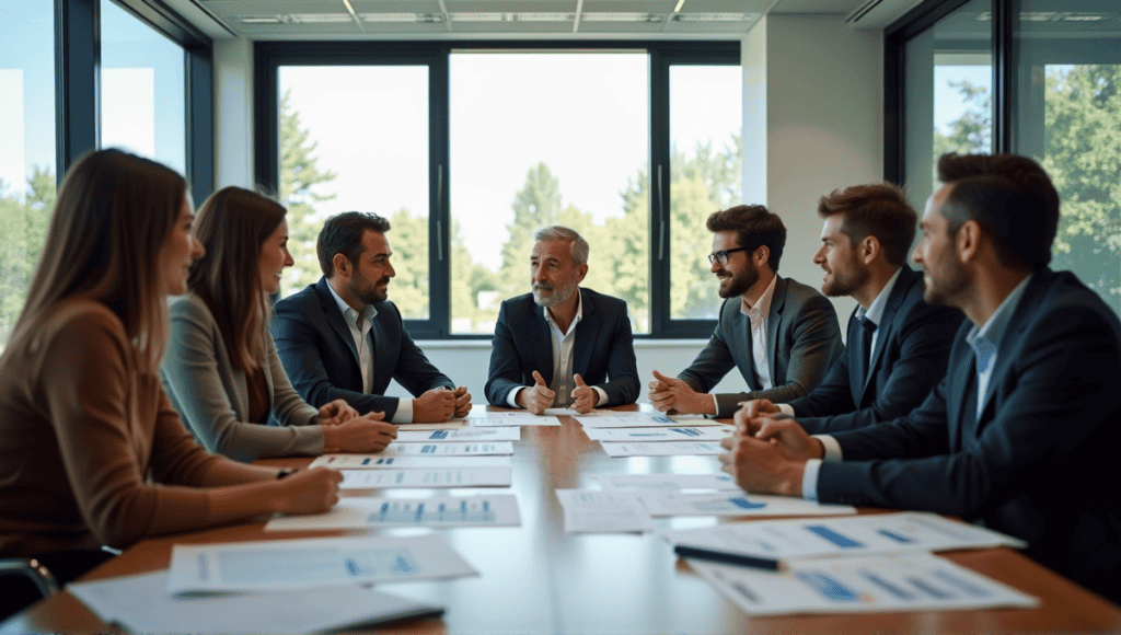 Diverse professionals discussing problem-solving strategies around a cluttered table in a modern office.