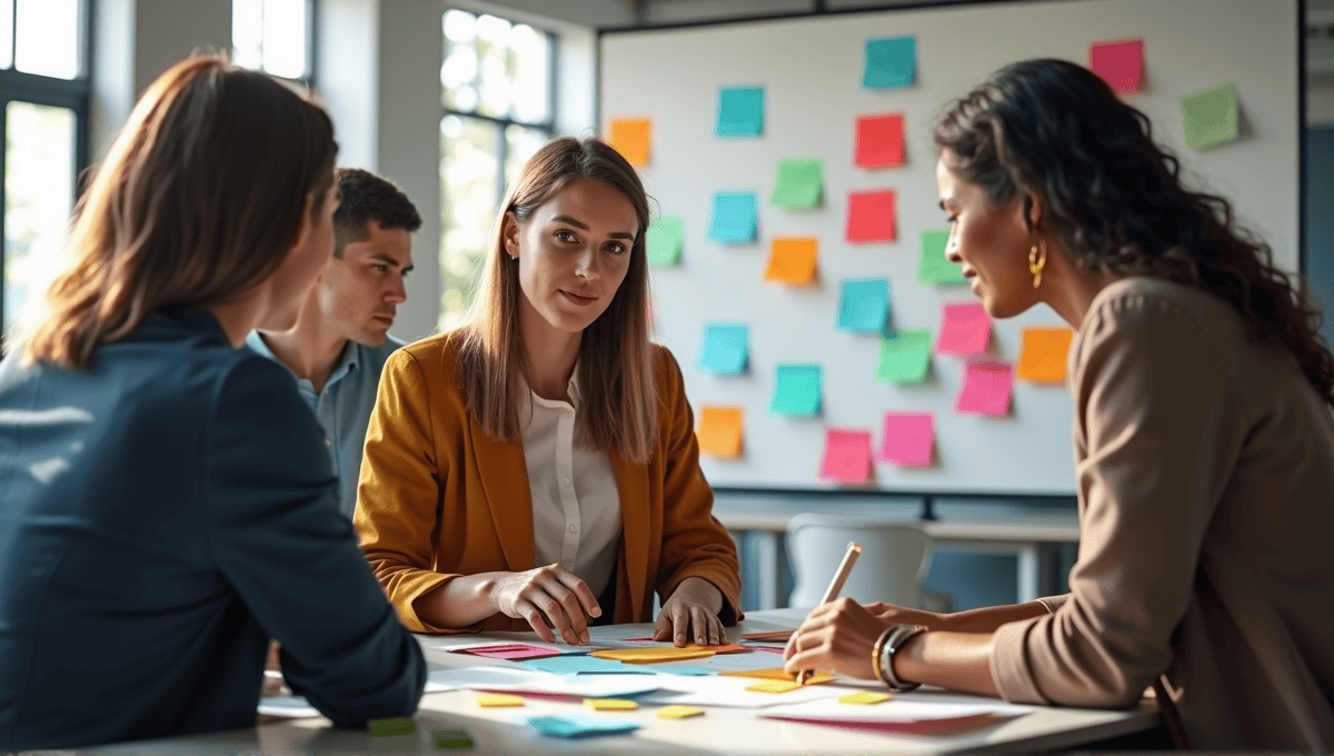 group collaborating on an affinity diagram with colorful sticky notes in a bright office.