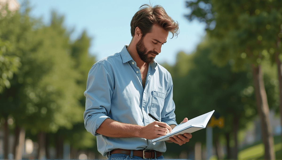 Researcher in casual attire collecting data outdoors amidst greenery and blue sky.