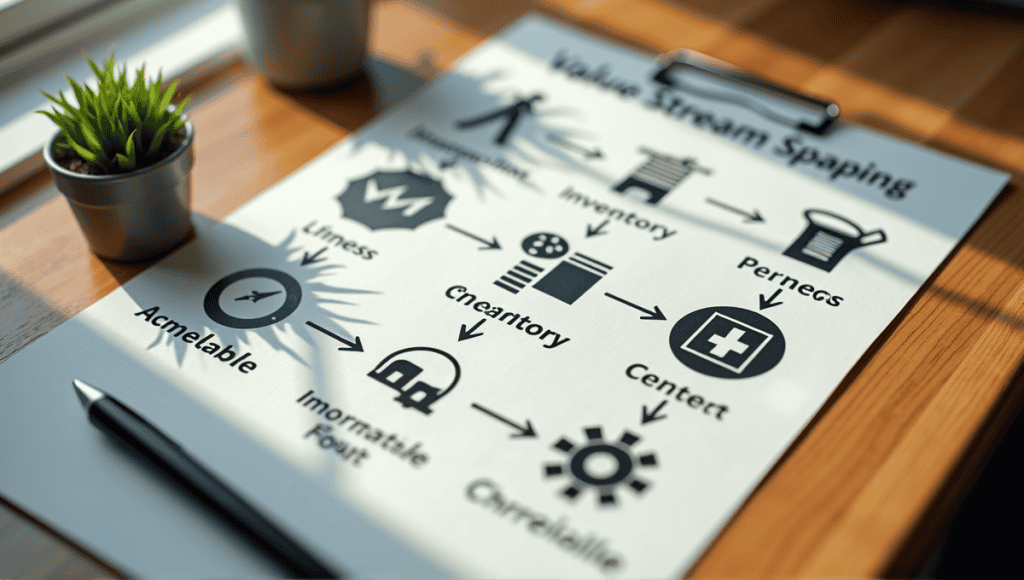 Array of value stream mapping symbols on a wooden table, illustrating process and information flow.