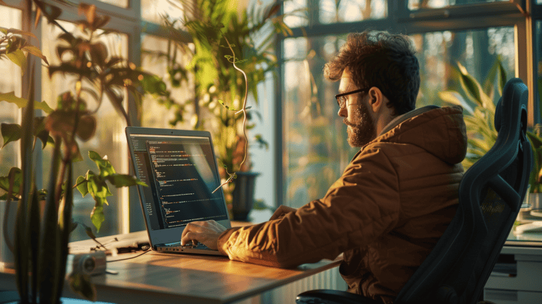 Thoughtful software developer in casual wear reviewing acceptance criteria on a laptop.