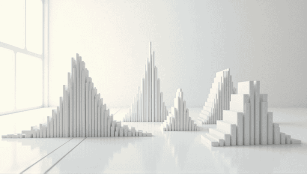 Abstract histogram patterns depicting plateau, edge peak, comb, truncated, and dog food distributions.