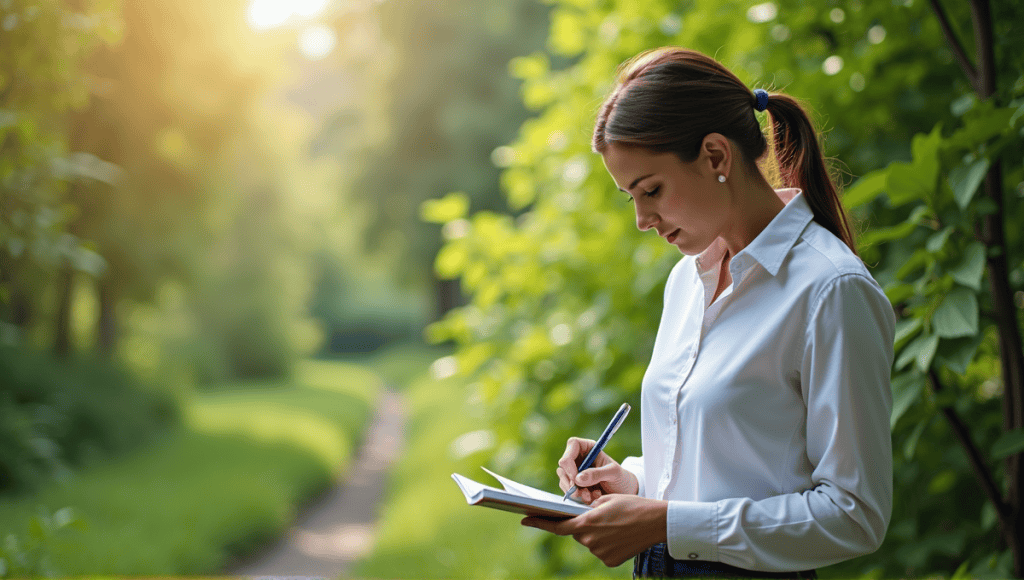 Researcher collecting primary data outdoors, noting observations while using a handheld device.