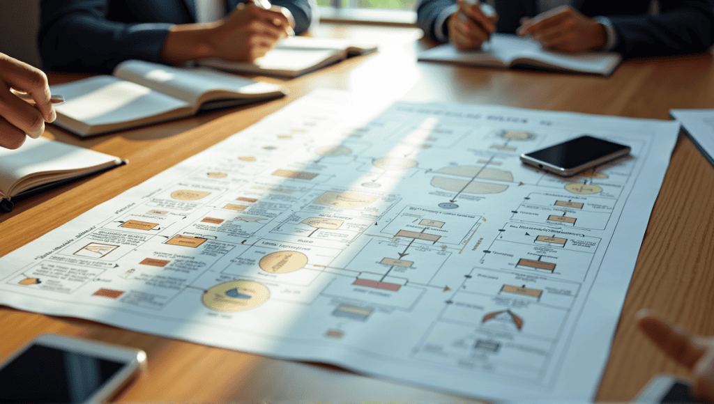 Detailed value stream mapping chart on a wooden table with notebooks and digital devices.