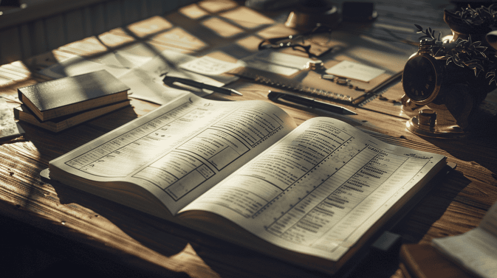 Open notebook displaying a detailed comparative analysis format on a wooden desk.