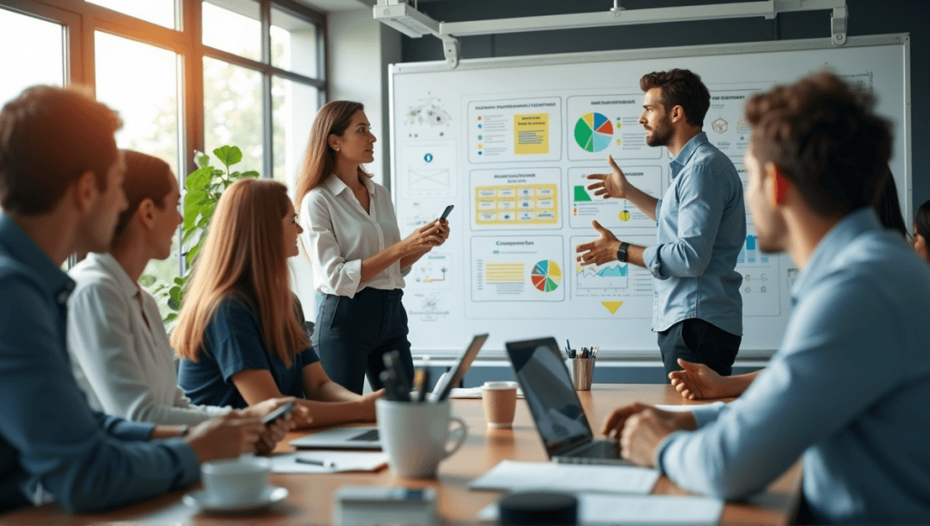 professionals discussing the PDCA cycle around a whiteboard in an open office.