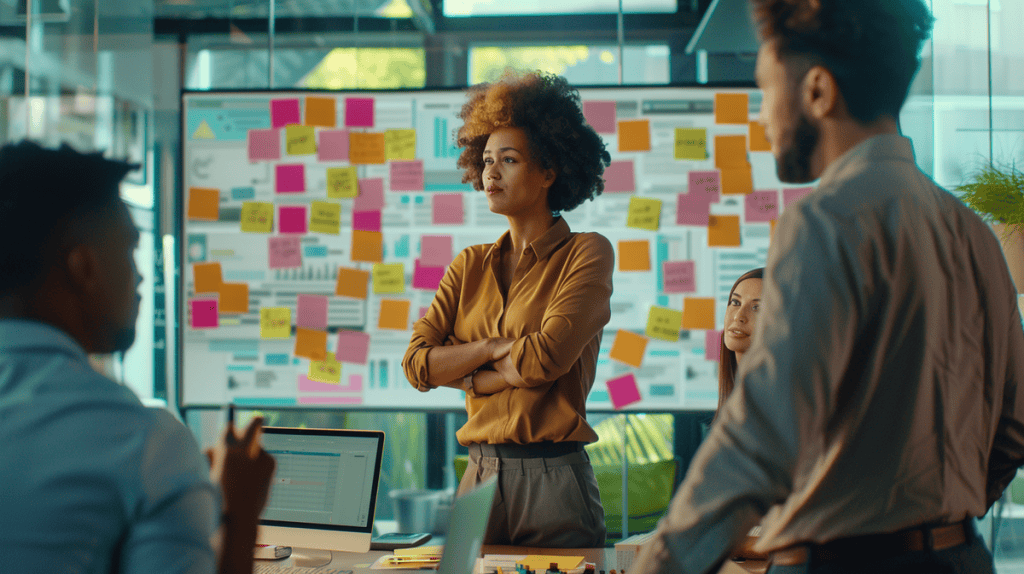 Diverse professionals in a modern office engaged in an inspection meeting with colorful notes.