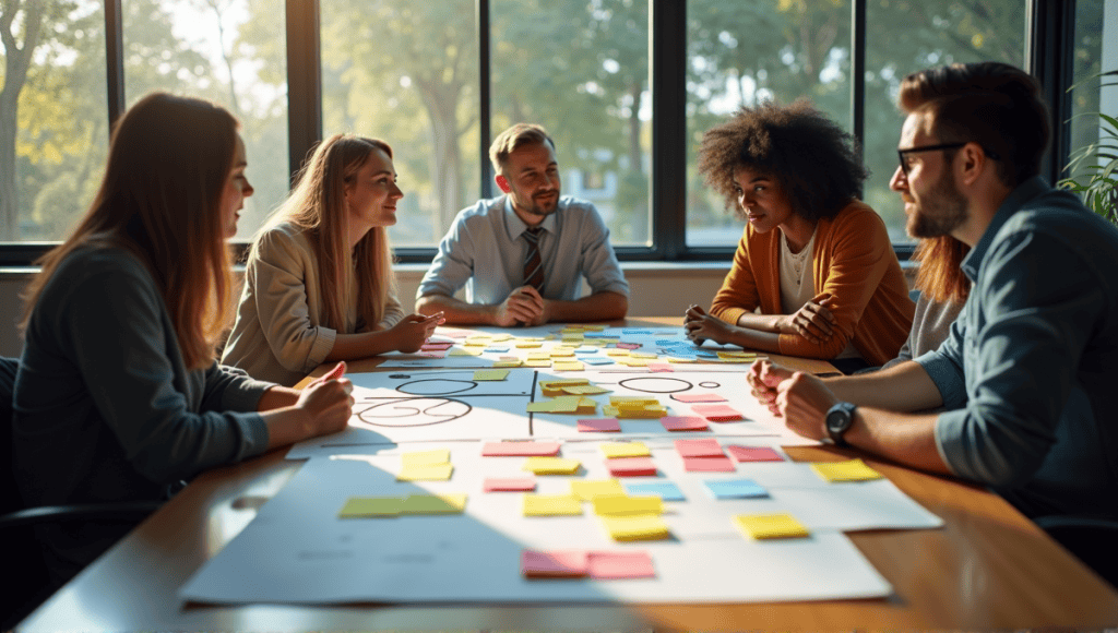 team brainstorming around a table filled with sticky notes and charts.