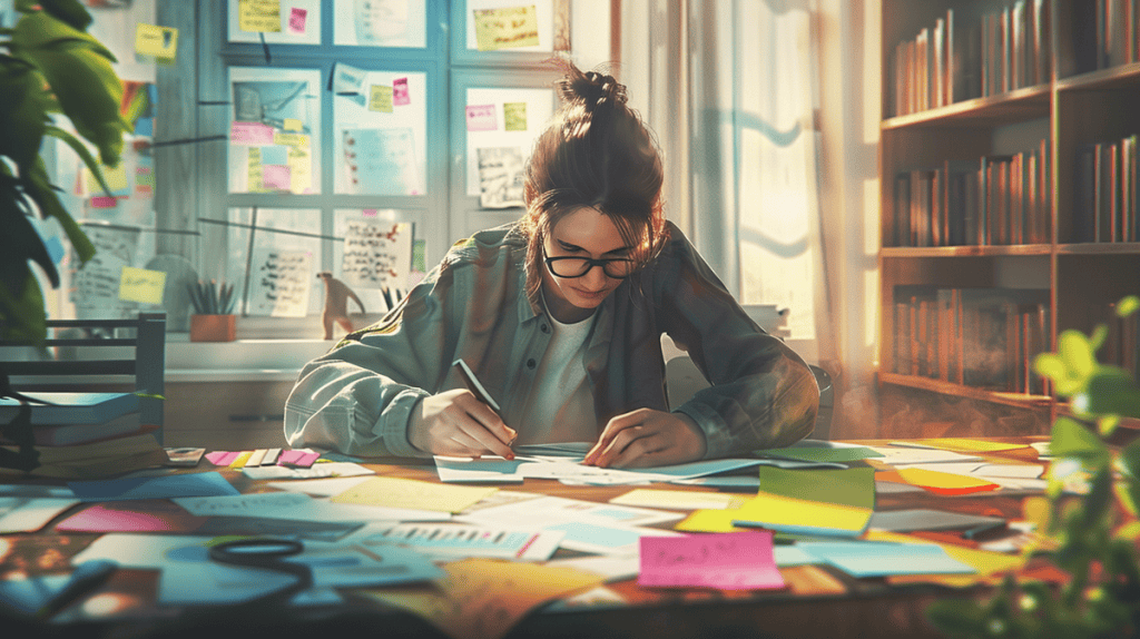 Person focused on mind mapping, surrounded by colorful diagrams and notes in study.