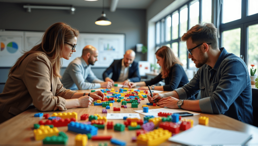 Diverse professionals collaborating with LEGO bricks in an innovative problem-solving workspace.