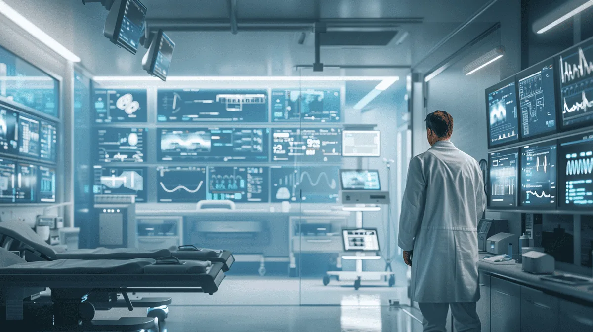 Healthcare professional in scrubs reviewing safety protocols amid digital displays and medical equipment.