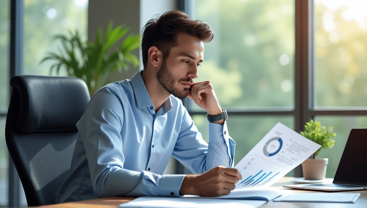 Thoughtful individual in business casual attire reviewing cost-benefit analysis documents at a desk.