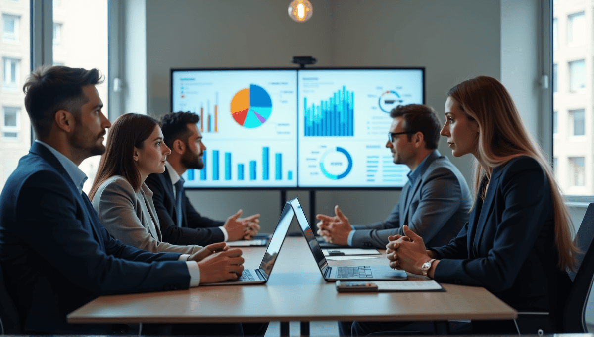 professionals discussing gap analysis around a modern conference table with digital screens.