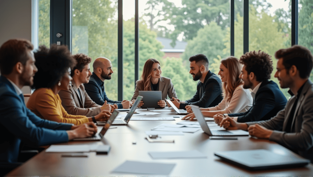 professionals collaborating in a retrospective meeting at a modern office space.