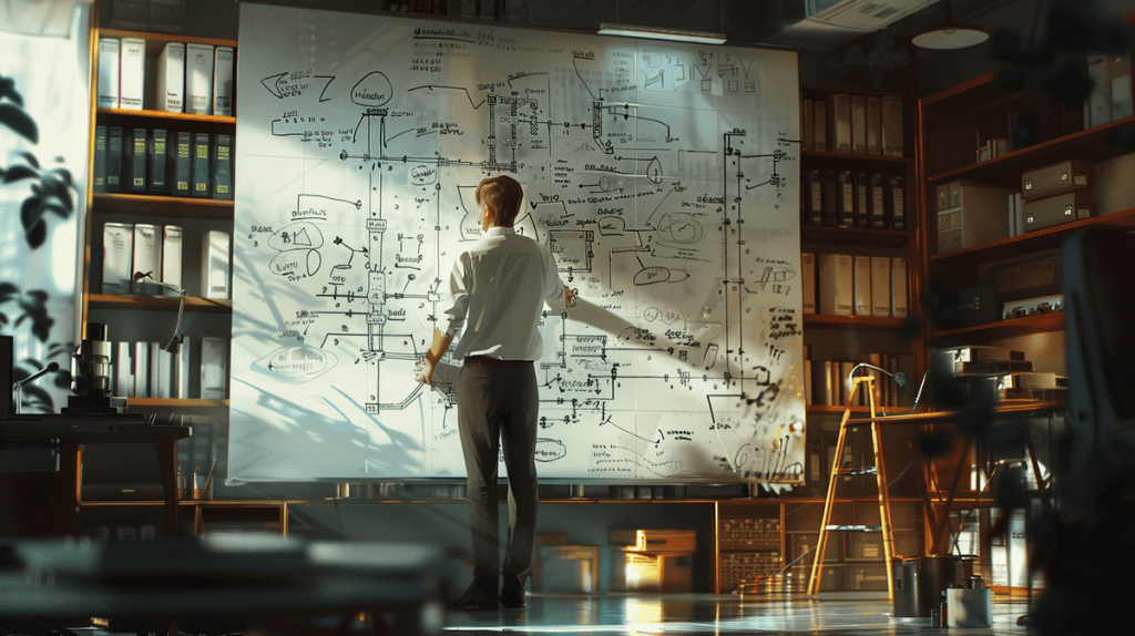 Engineer analyzing a fault tree diagram on a whiteboard in an office setting.