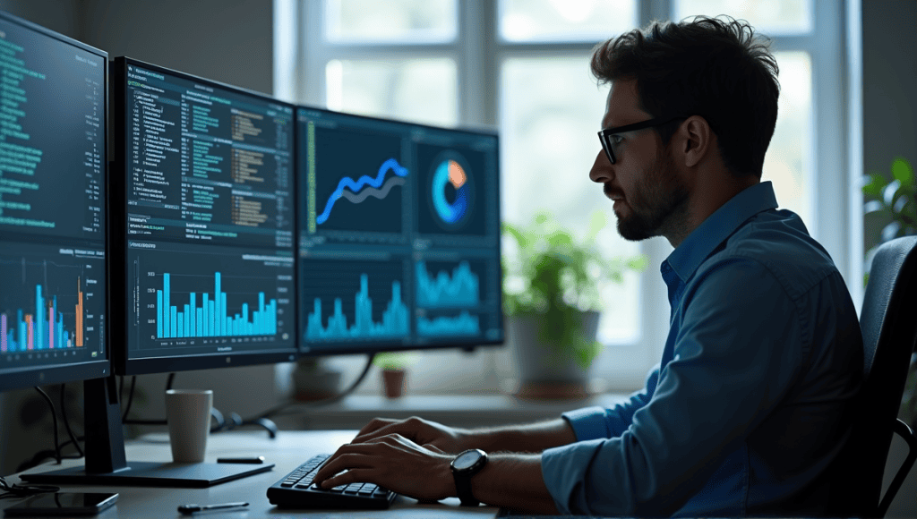 Data scientist wearing glasses at desk, analyzing datasets on multiple screens with charts.