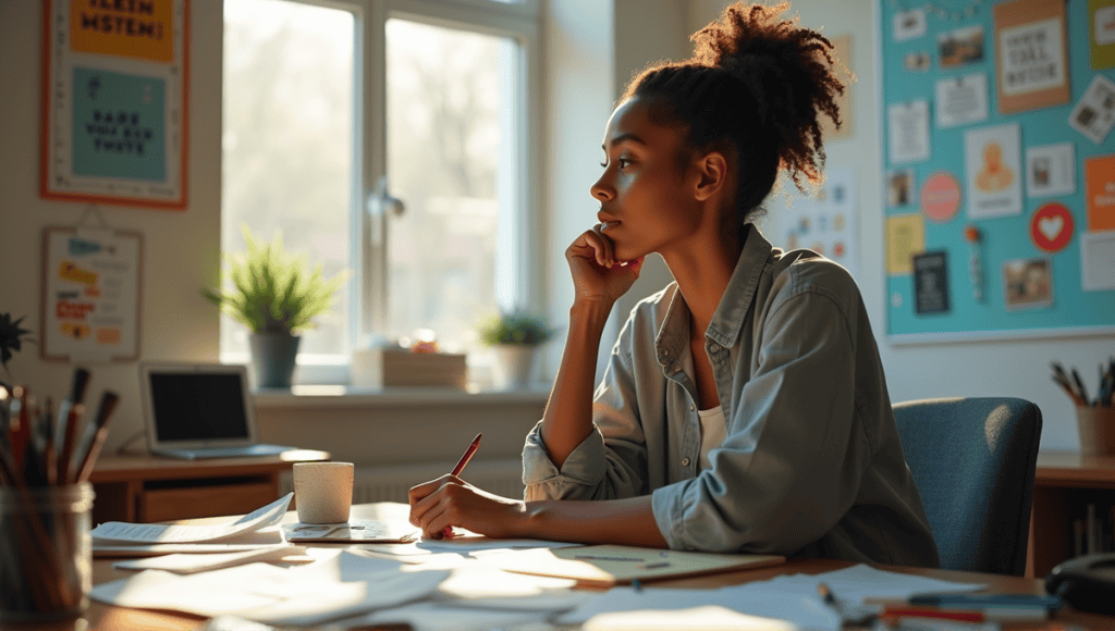 Thoughtful person at desk with scattered papers, artistic tools, and vision board inspiring creativity.