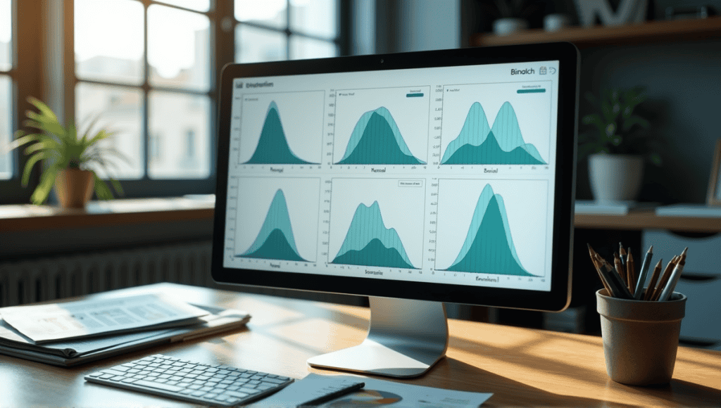 Detailed interpretation of histogram distributions in a modern office setting with statistical tools.