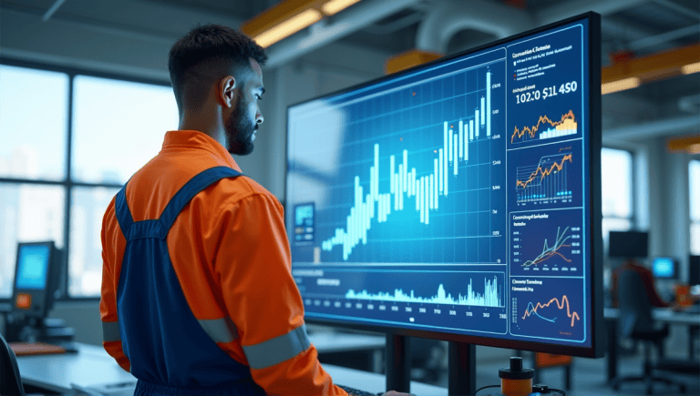 Control chart displayed on digital screen with quality measurement tools and attentive engineer.