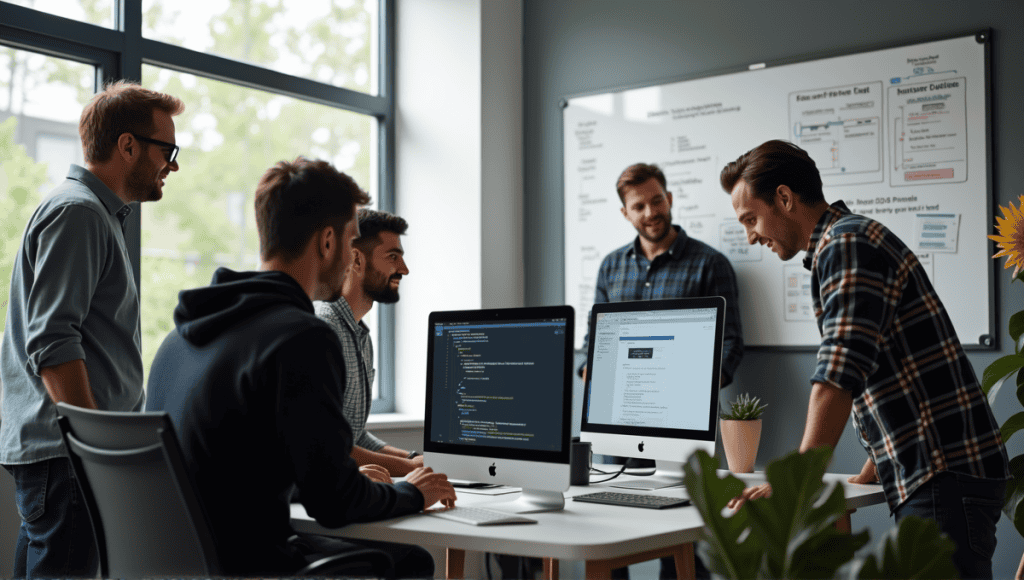 software engineers collaborating at a computer with flowcharts and notes in modern office.