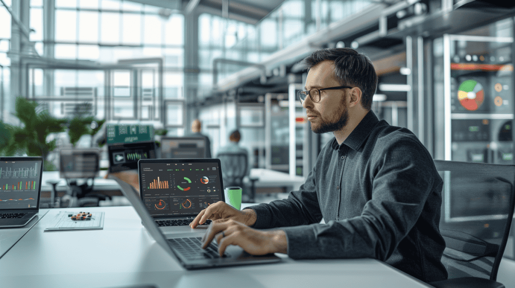 Modern supply chain analyst working with laptop and tablet in a bright workspace.