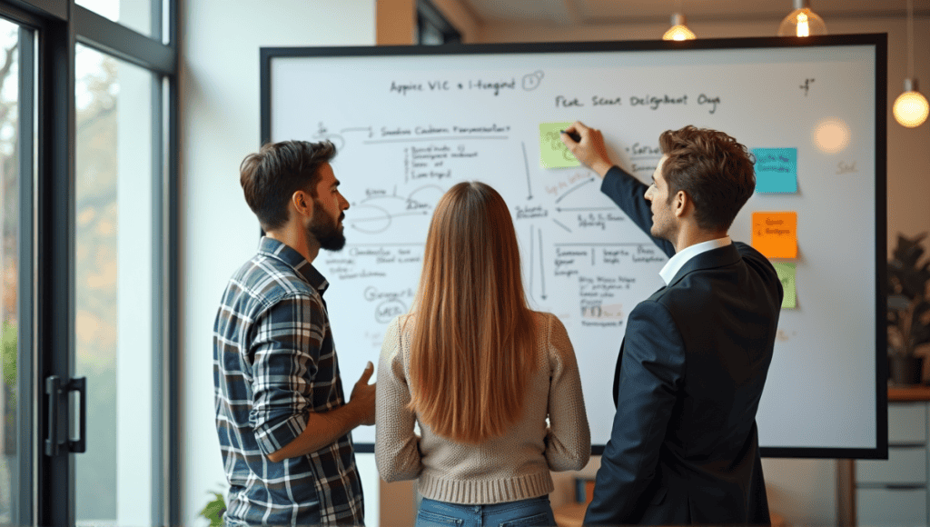 professionals discussing ideas around a whiteboard covered in colorful notes and diagrams.