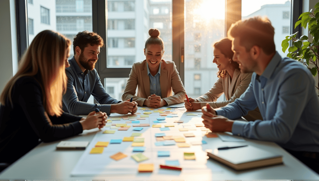 professionals brainstorming with sticky notes and markers in a modern office setting.