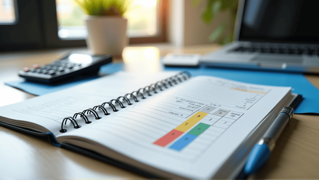 Key components of FMEA analysis with notes, calculator in an office setting.