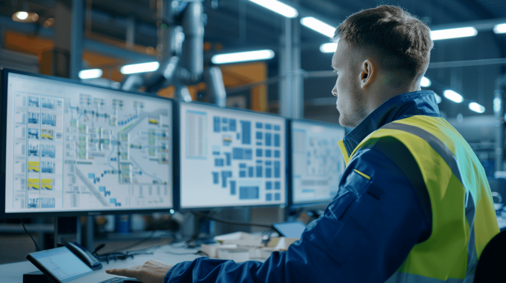 Engineer in high-visibility jacket analyzing fault tree diagrams in a modern office.