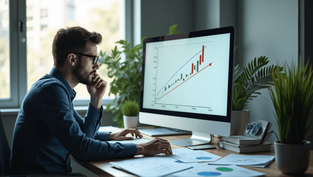 Statistical analyst in smart casual attire analyzing data on computer with charts and graphs.