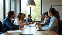 Diverse professionals engaged in a retrospective meeting around a modern conference table.