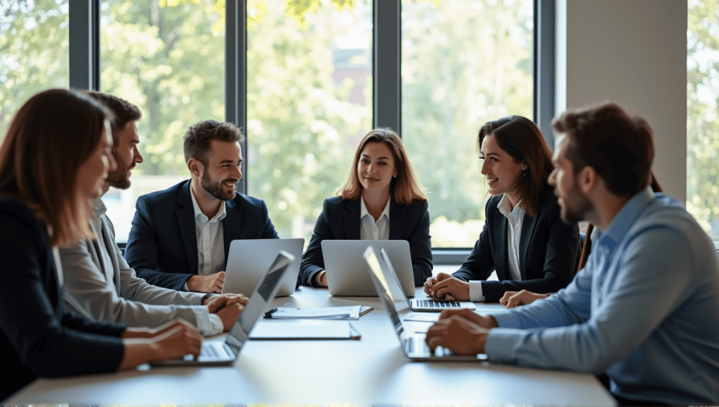 professionals collaborating in a modern office, discussing ideas around a conference table.