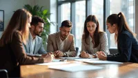 professionals collaborating around a conference table, sharing ideas and brainstorming solutions together.