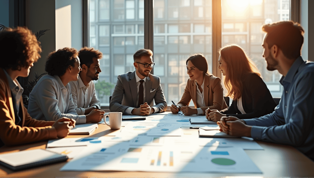 team collaborating in a modern office, discussing strategies around a table of documents.