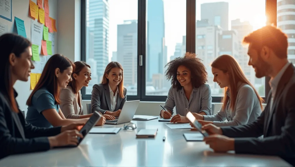 professionals collaborating in a modern office, engaged around a conference table with tablets.