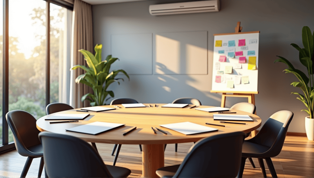 Modern meeting room with round table, chairs, notepads, and a flip chart for brainstorming.