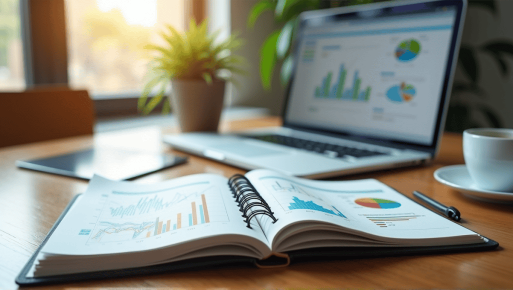 Open notebook with graphs, charts, laptop, and coffee cup in professional office setting.