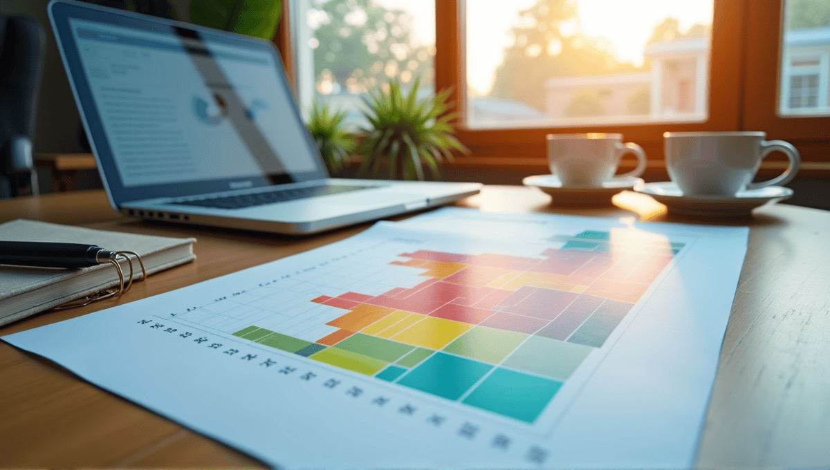 Vibrant histogram chart on a desk with laptop, notepad, and coffee cup.