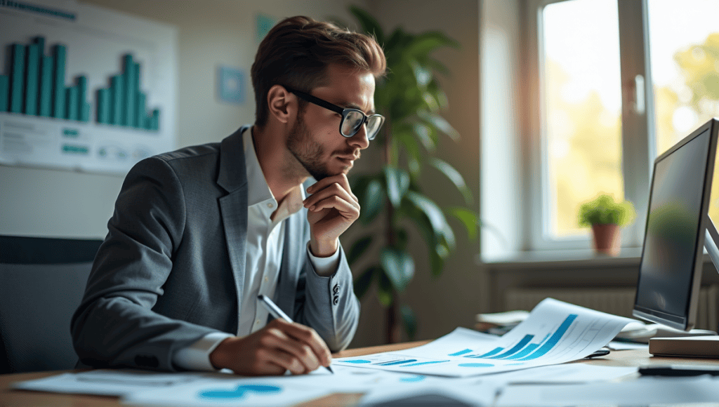 Thoughtful analyst with glasses reviewing charts and documents for cost-benefit analysis at desk.