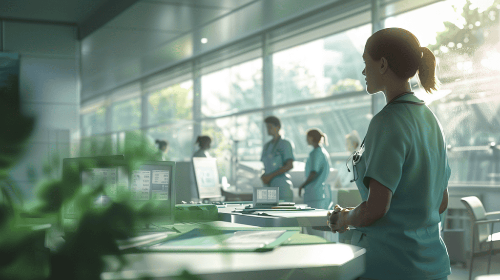 Healthcare professional in scrubs discussing patient safety with colleagues at hospital table.