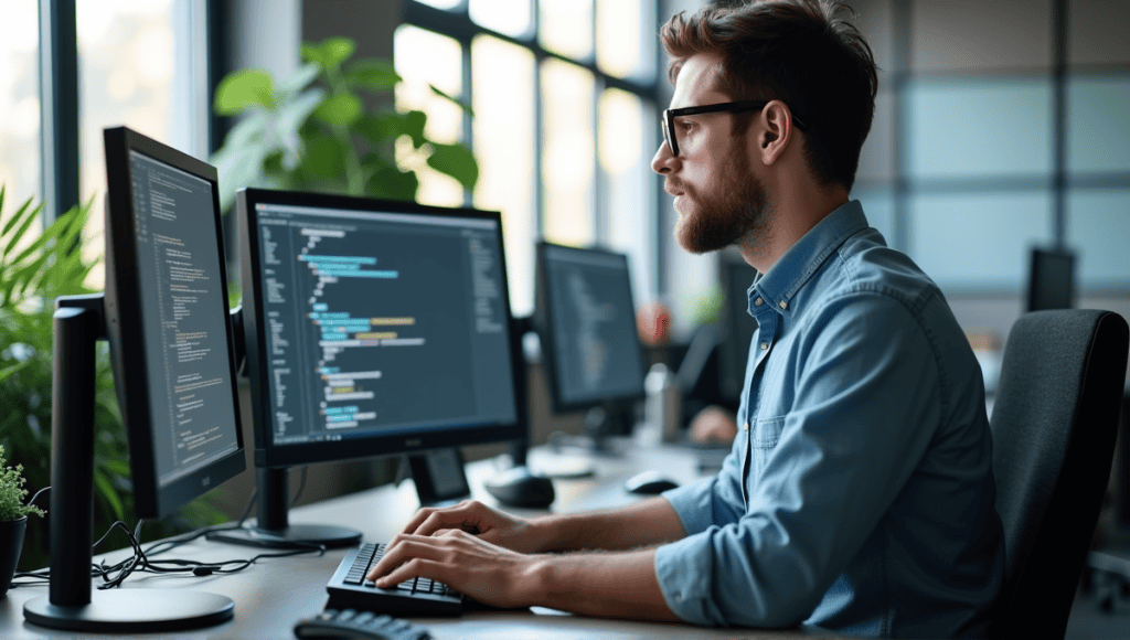 Software engineer focused on coding in a modern office with multiple monitors and natural light.