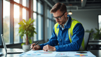 Engineer in blue overalls conducting FMEA risk assessment surrounded by charts in modern office.