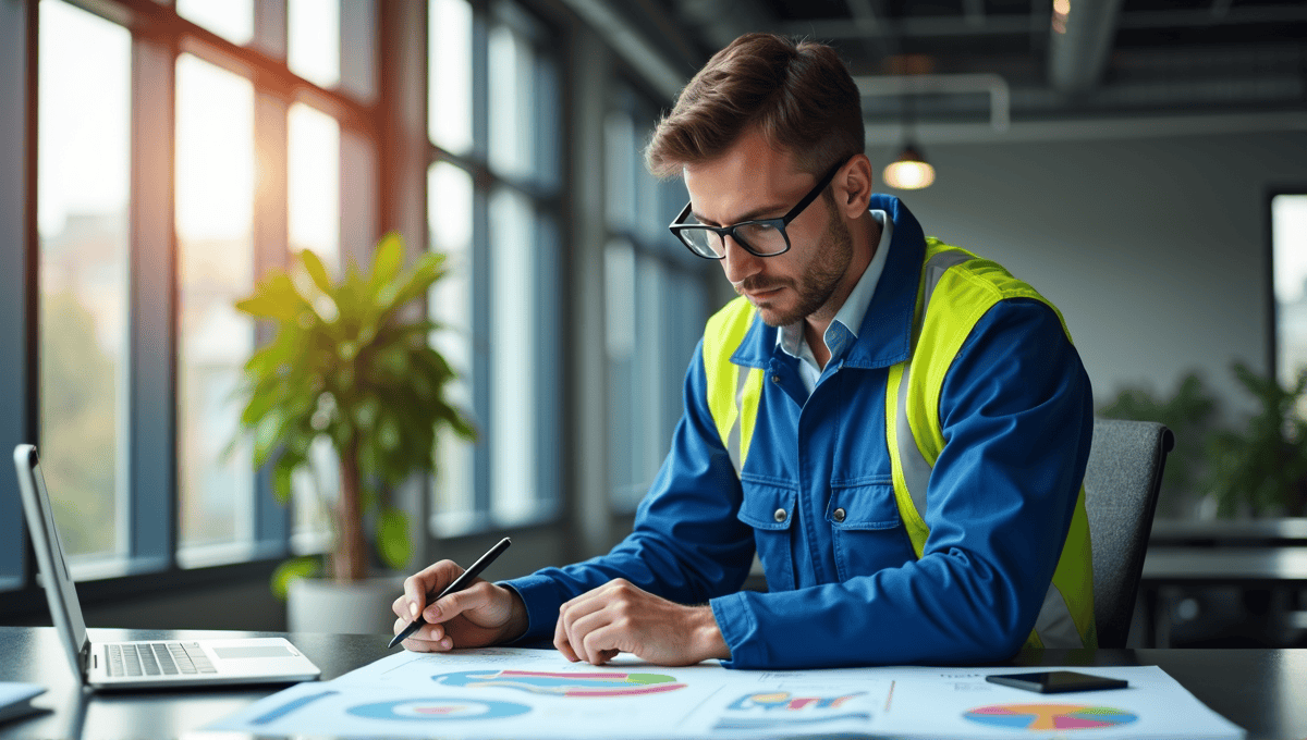 Engineer in blue overalls conducting FMEA risk assessment surrounded by charts in modern office.