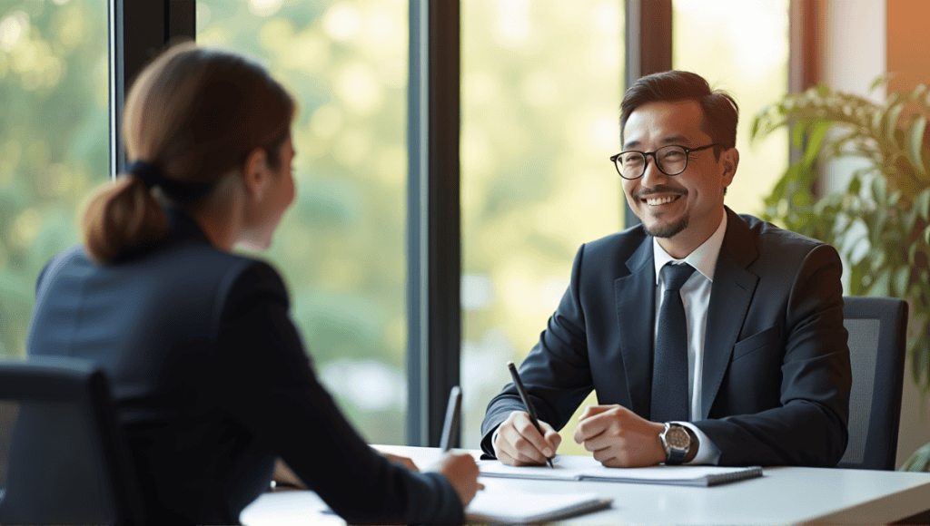 Professional interviewer in a suit converses with candidate in casual attire at an interview.